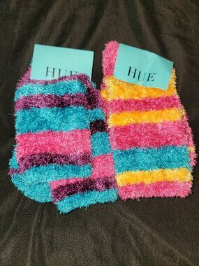 NWT Hue Cozies Accessories 2 Pairs Fuzzy Socks Furry Striped Socks One Size Pink